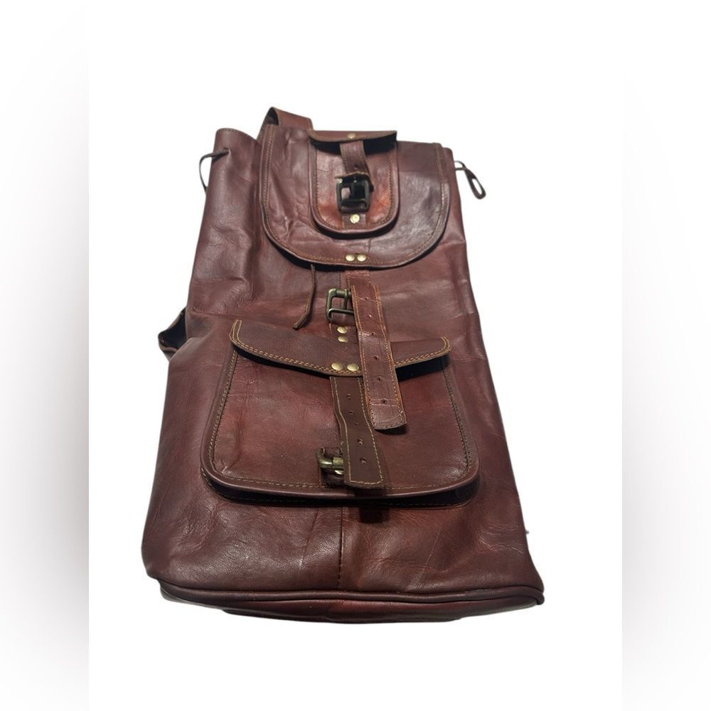 Handmade Vintage Genuine Leather Backpack Brown Tassel Drawstring Buckle 90s USA